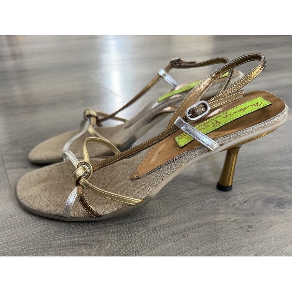 Vintage Materia Prima Y2K Gold Silver Bronze Strappy Open Toe 3" Kitten Heels